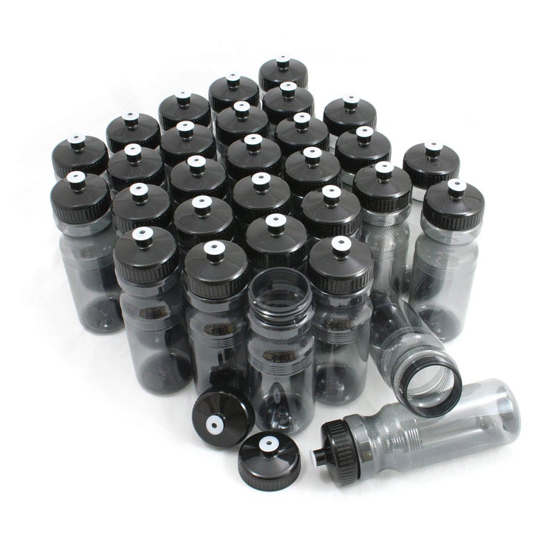 Rolling Sands Reusable Bulk Water Bottles 30 Pack - 24 Oz Sports Water Bottles, USA Made, BPA-Free, Wide Mouth for Easy Cleaning, Break Resistant - Translucent Charcoal Bottle/Charcoal Lid - Image 1